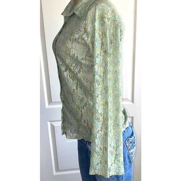 20X Women Medium Blouse Top Button up Y2K Buffy Lace Floral Flare Sleeve - Picture 2 of 6